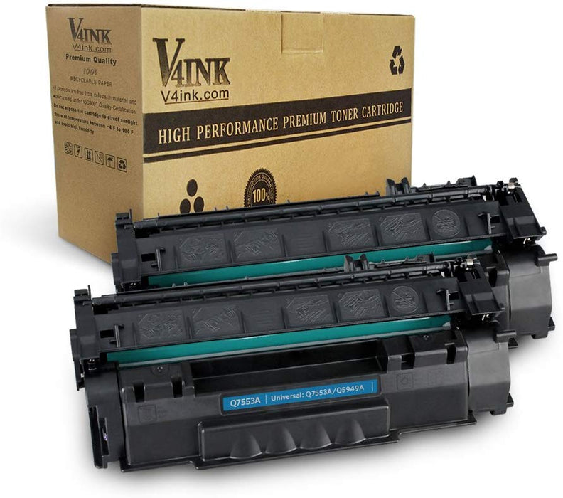 V4INK 2 Packs Replacement for HP Q7553A 53A Q5949A 49A Black Toner Cartridge for use with HP Laserjet 1320 1320n 3390, HP P2015 P2015d P2015dn P2014, HP M2727 M2727nf MFP Printers