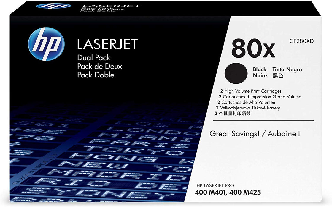 HP 80X | CF280XD | 2 Toner Cartridges | Black | High Yield
